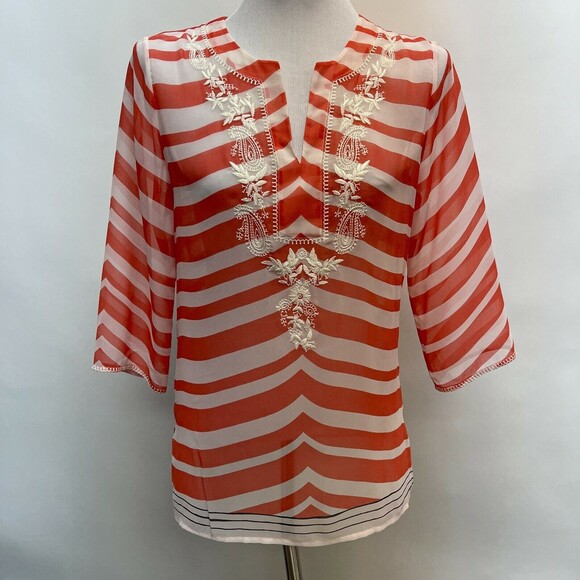 Chico's Top 0 Small 4 Orange White Multicolor Embroidered Sheer Striped - Picture 1 of 10